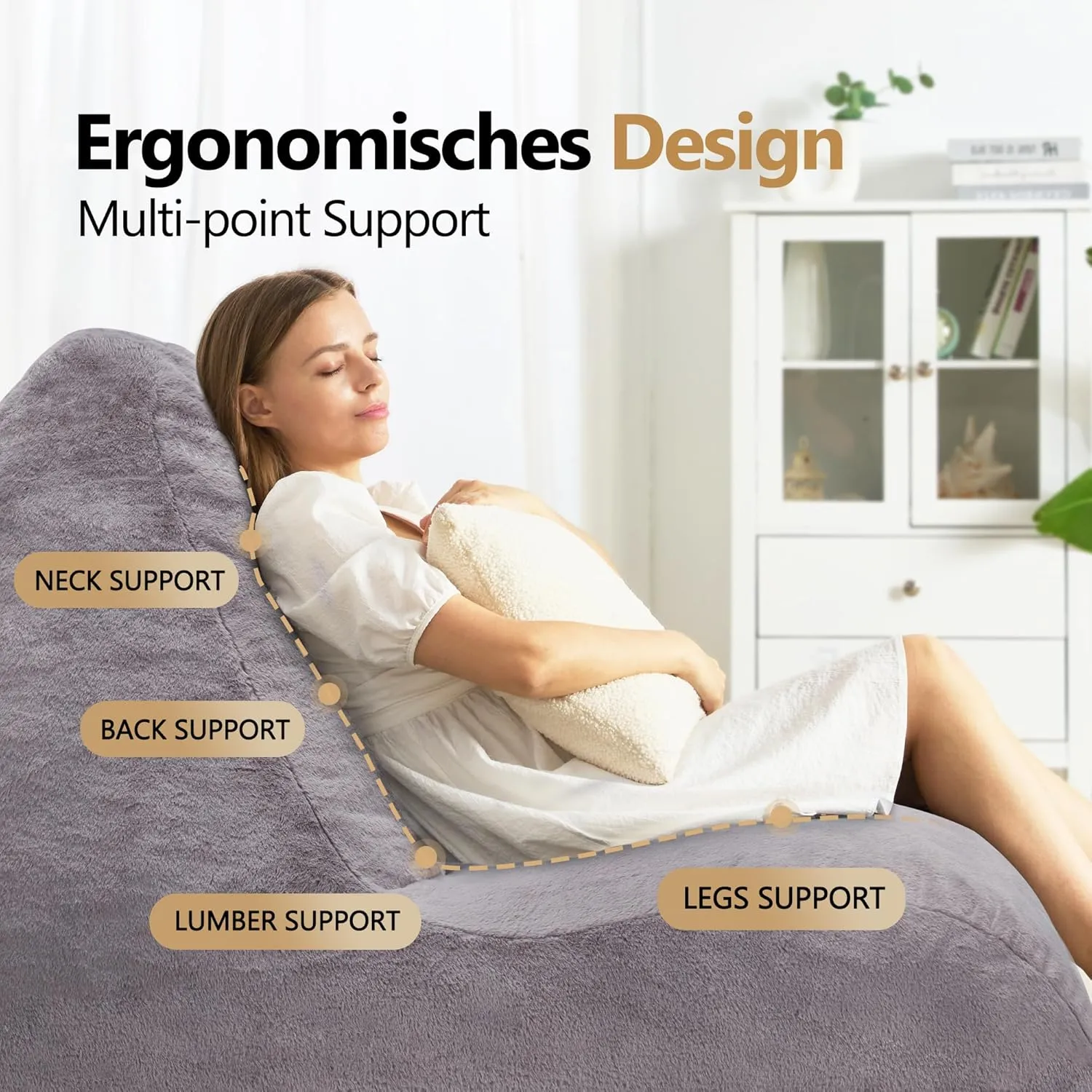 Homguava Bean Bag Chair Sofa Memory Foam Pre-Filled Bean Bag Chairs Stuffed Beanbag Sofa Lazy Bean Bag for Adults, Bean Bag Couch for Gaming, Reading & Relaxing(Faux Fur, Light Grey)