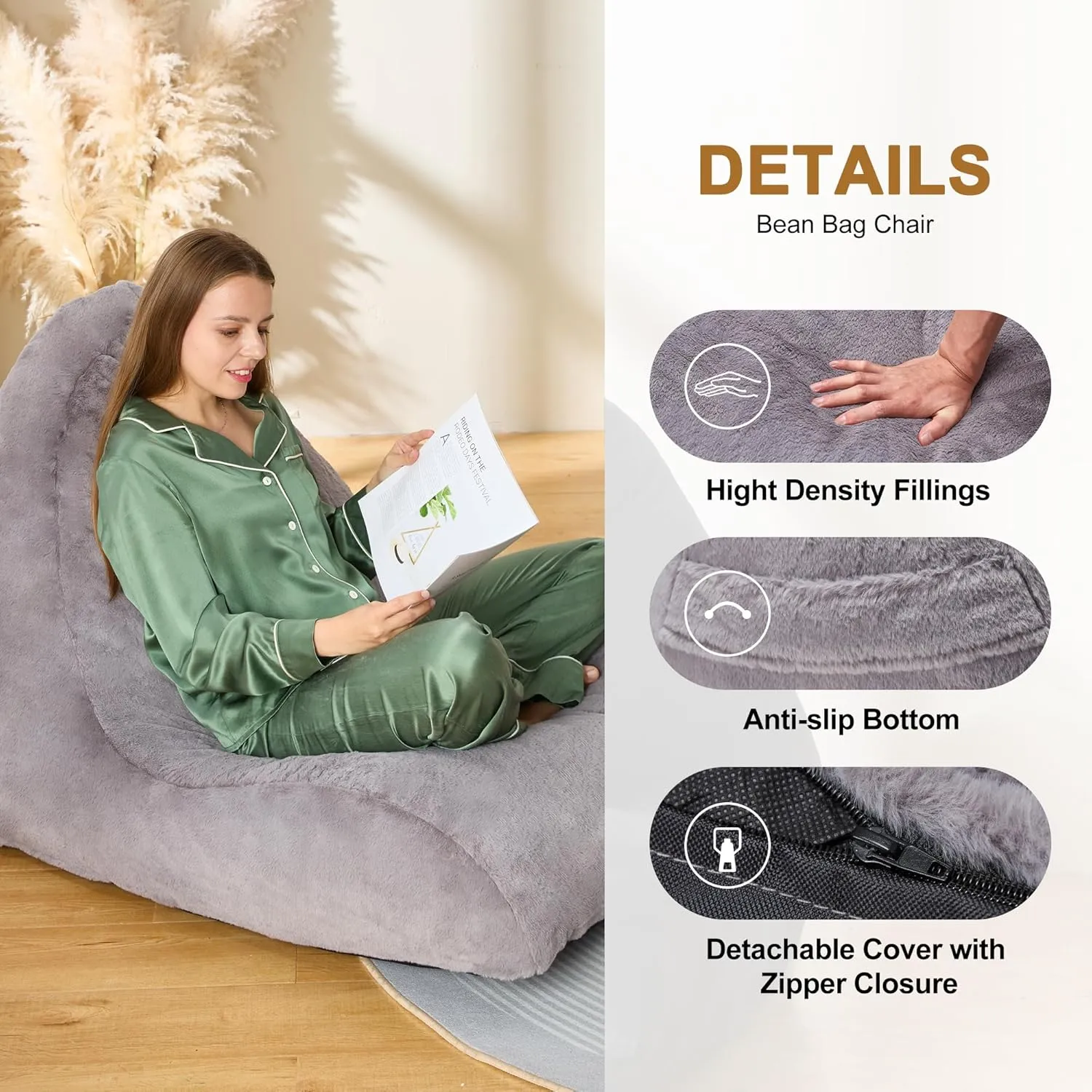 Homguava Bean Bag Chair Sofa Memory Foam Pre-Filled Bean Bag Chairs Stuffed Beanbag Sofa Lazy Bean Bag for Adults, Bean Bag Couch for Gaming, Reading & Relaxing(Faux Fur, Light Grey)