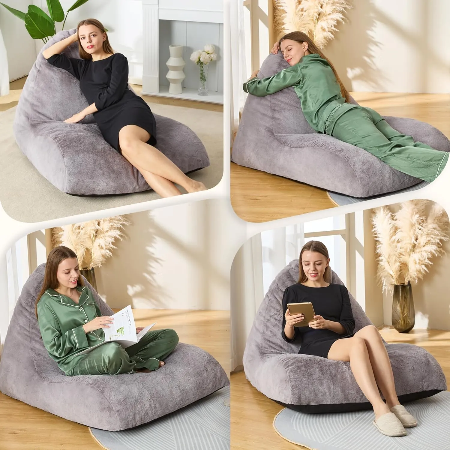 Homguava Bean Bag Chair Sofa Memory Foam Pre-Filled Bean Bag Chairs Stuffed Beanbag Sofa Lazy Bean Bag for Adults, Bean Bag Couch for Gaming, Reading & Relaxing(Faux Fur, Light Grey)