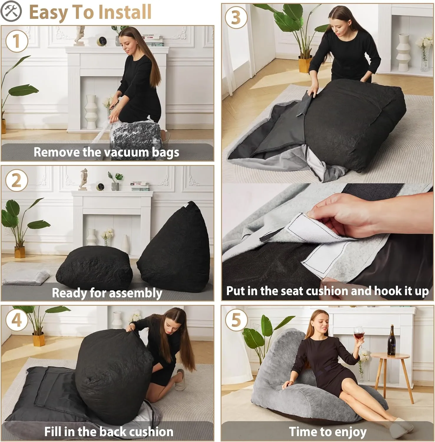 Homguava Bean Bag Chair Sofa Memory Foam Pre-Filled Bean Bag Chairs Stuffed Beanbag Sofa Lazy Bean Bag for Adults, Bean Bag Couch for Gaming, Reading & Relaxing(Faux Fur, Light Grey)