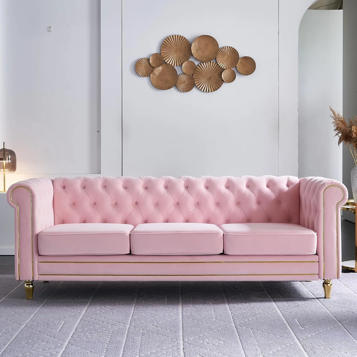 Homtique 84" Modern Sofa Couch for Living Room, 3 Seater Couch Comfy Velvet Sofa Button Tufted Rolled Arms and Gold Legs, Chesterfield Sofa for Home Studio/Office, Bedroom, Pink