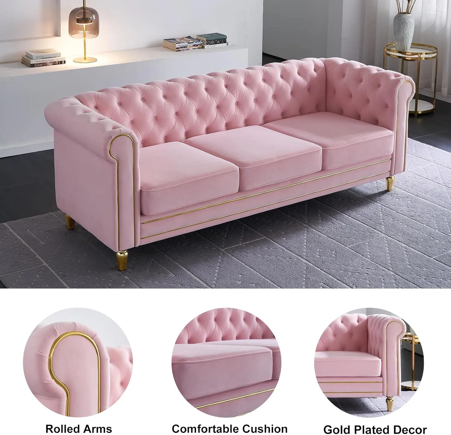 Homtique 84" Modern Sofa Couch for Living Room, 3 Seater Couch Comfy Velvet Sofa Button Tufted Rolled Arms and Gold Legs, Chesterfield Sofa for Home Studio/Office, Bedroom, Pink