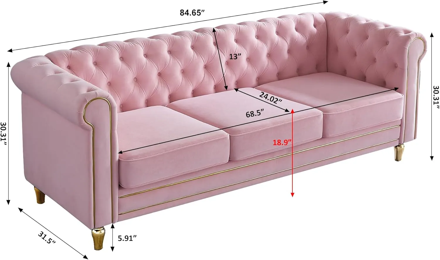 Homtique 84" Modern Sofa Couch for Living Room, 3 Seater Couch Comfy Velvet Sofa Button Tufted Rolled Arms and Gold Legs, Chesterfield Sofa for Home Studio/Office, Bedroom, Pink