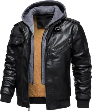 HOOD CREW Men’s Casual Stand Collar PU Faux Leather Zip-Up Motorcycle Bomber Jacket With a Removable Hood