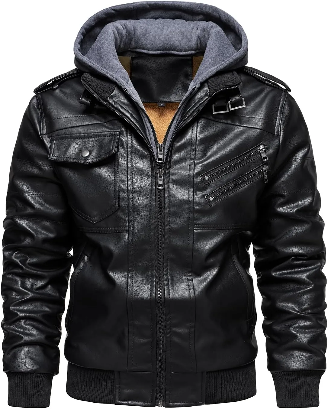 HOOD CREW Men’s Casual Stand Collar PU Faux Leather Zip-Up Motorcycle Bomber Jacket With a Removable Hood