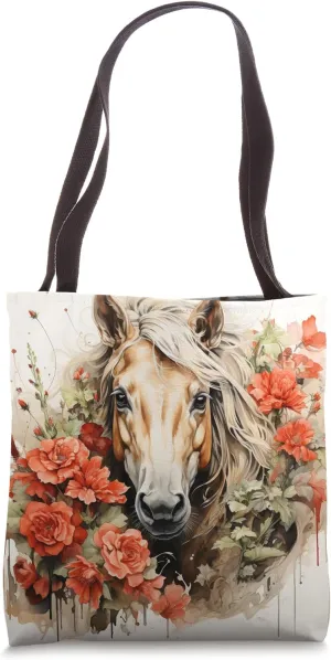 Horse Floral Watercolor Carnation Flower Tote Bag