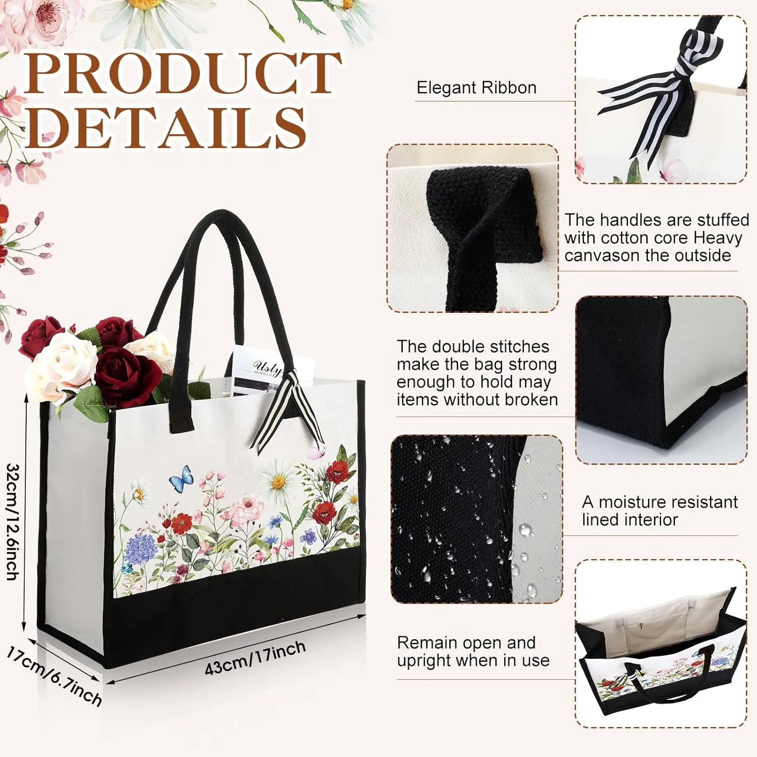 Hosuly 3 Pcs Floral Canvas Tote Bag Vintage Flower Makeup Pouch Wildflower Travel Tumbler for Women Teacher Birthday Wedding