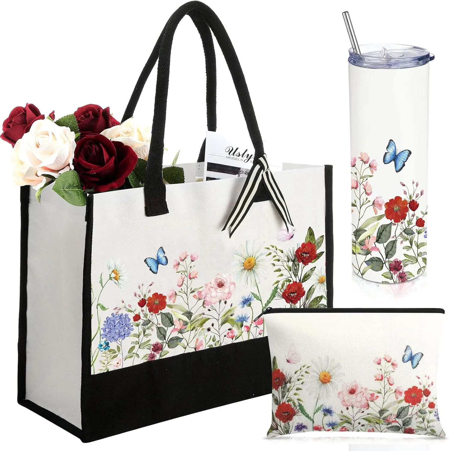 Hosuly 3 Pcs Floral Canvas Tote Bag Vintage Flower Makeup Pouch Wildflower Travel Tumbler for Women Teacher Birthday Wedding
