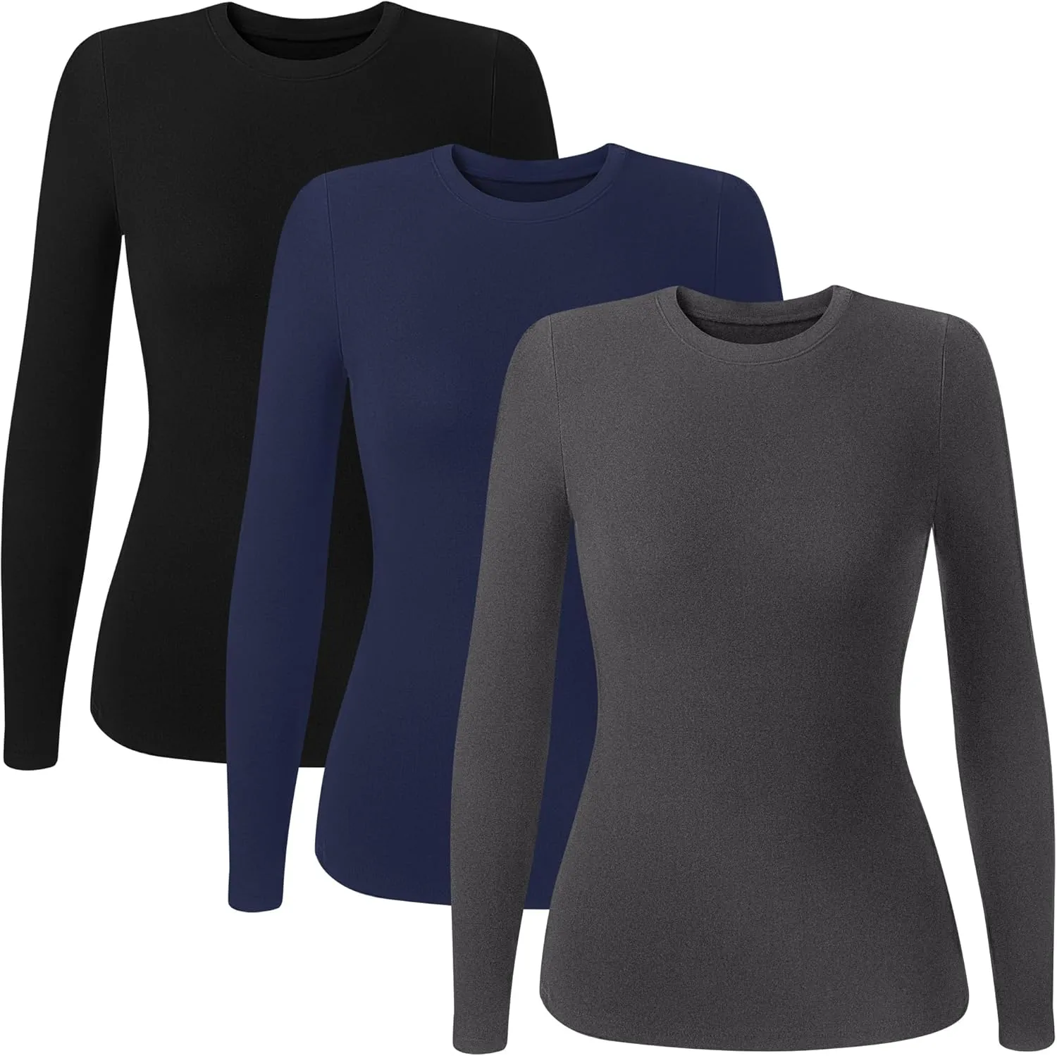 Huukeay 3 Pack Women's Thermal Shirts Long Sleeve De Velvet Lined Underwear Tops Crew Neck Slim Fit Basic Base Layer Tee