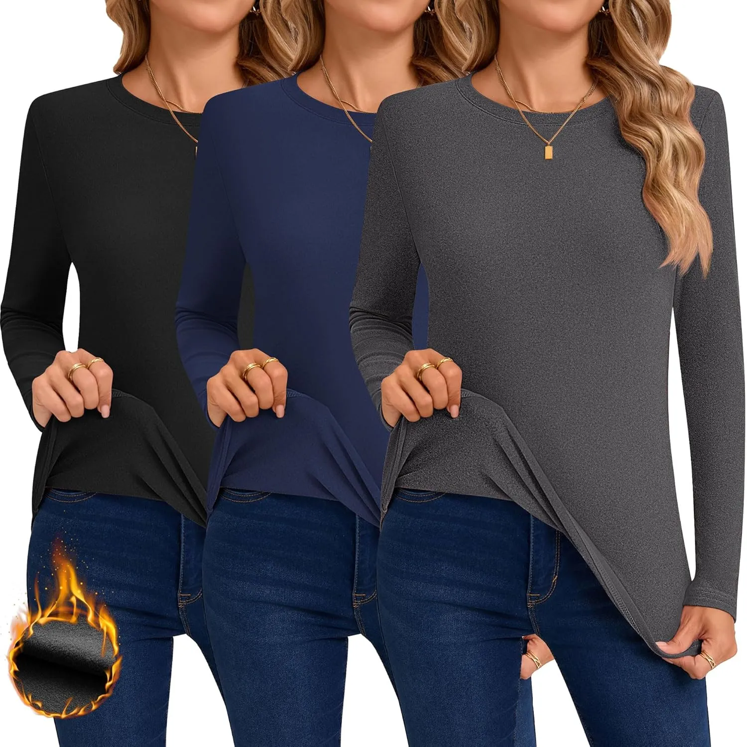 Huukeay 3 Pack Women's Thermal Shirts Long Sleeve De Velvet Lined Underwear Tops Crew Neck Slim Fit Basic Base Layer Tee