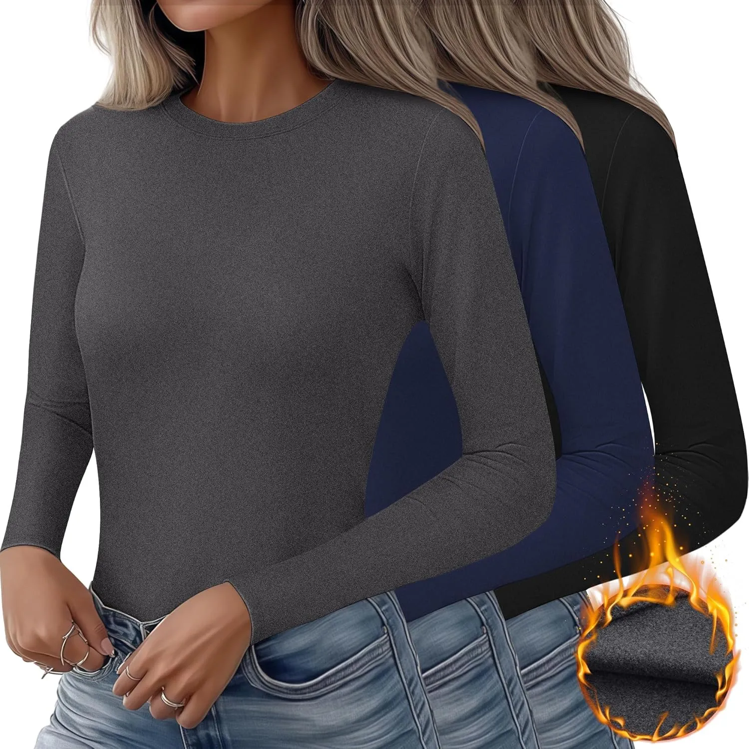 Huukeay 3 Pack Women's Thermal Shirts Long Sleeve De Velvet Lined Underwear Tops Crew Neck Slim Fit Basic Base Layer Tee