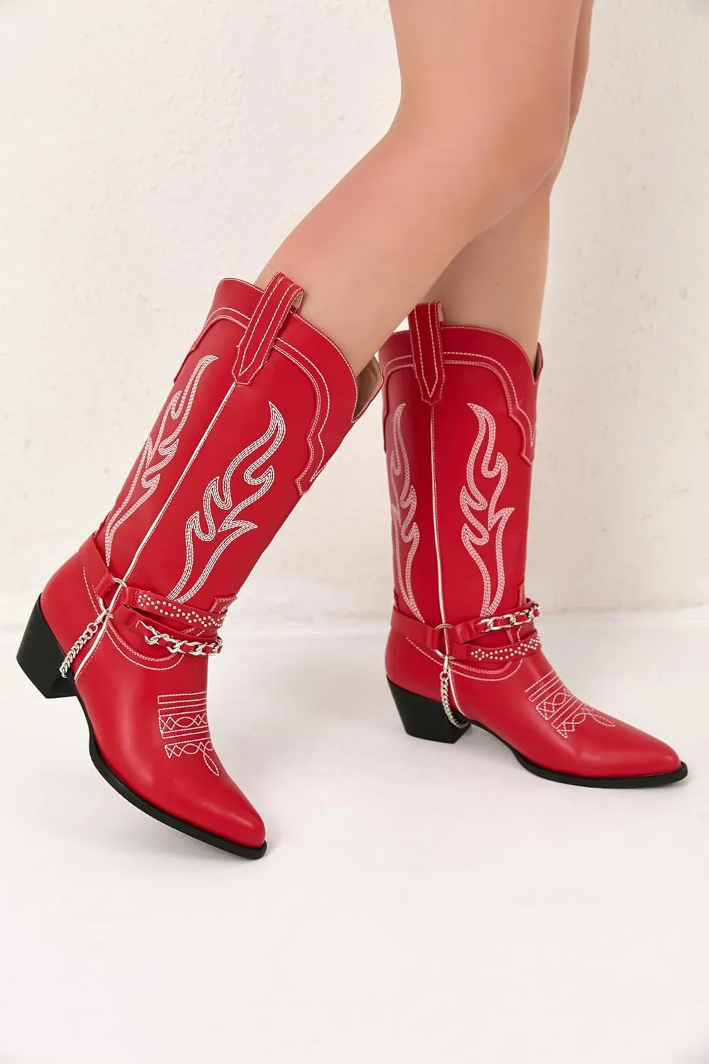 iiimmu Cowboy Boots for Women with Chain, Pointy Toe Chunky Heel Women's Riding Boots with Embroidered, Pull on Style Western Boots, Faux Leather