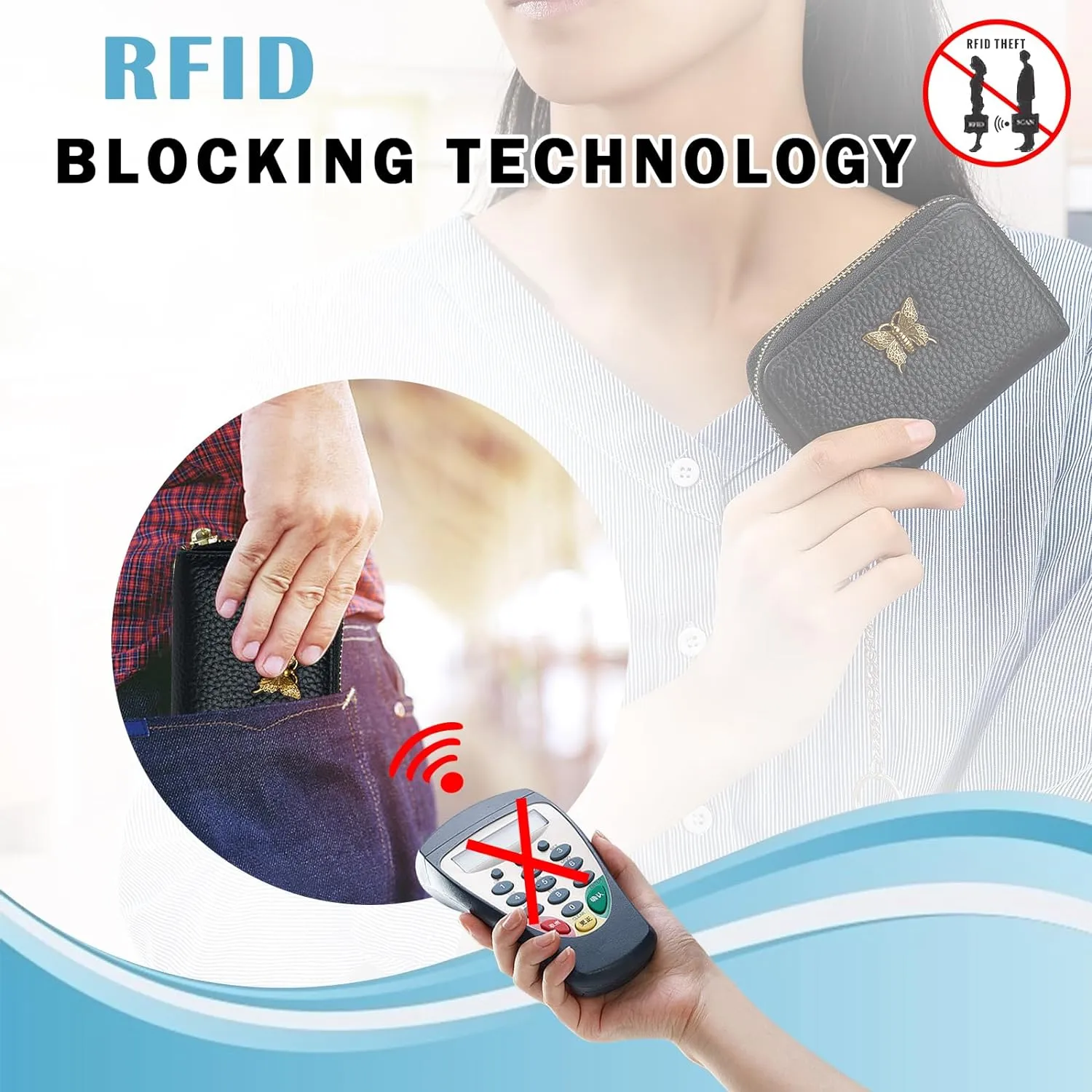imeetu RFID Credit Card Holder for Women Genuine Leather Card Case Wallet with Zipper and Removable Keychain (Cobalt Blue)