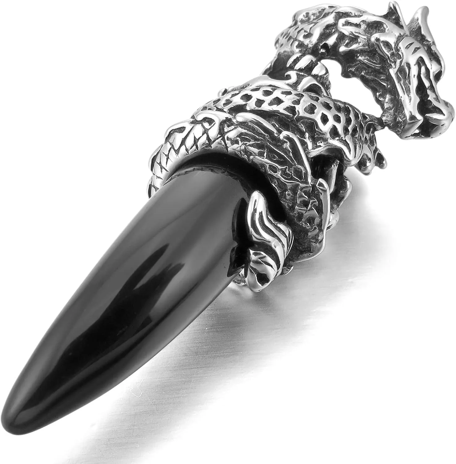 INBLUE Dragon Wolf Tooth Pendant for Men Women Stainless Steel Cool Necklaces Simulate Crystal Gemstone Boyfriend Gifts Jewelry with 23 Inches Chain