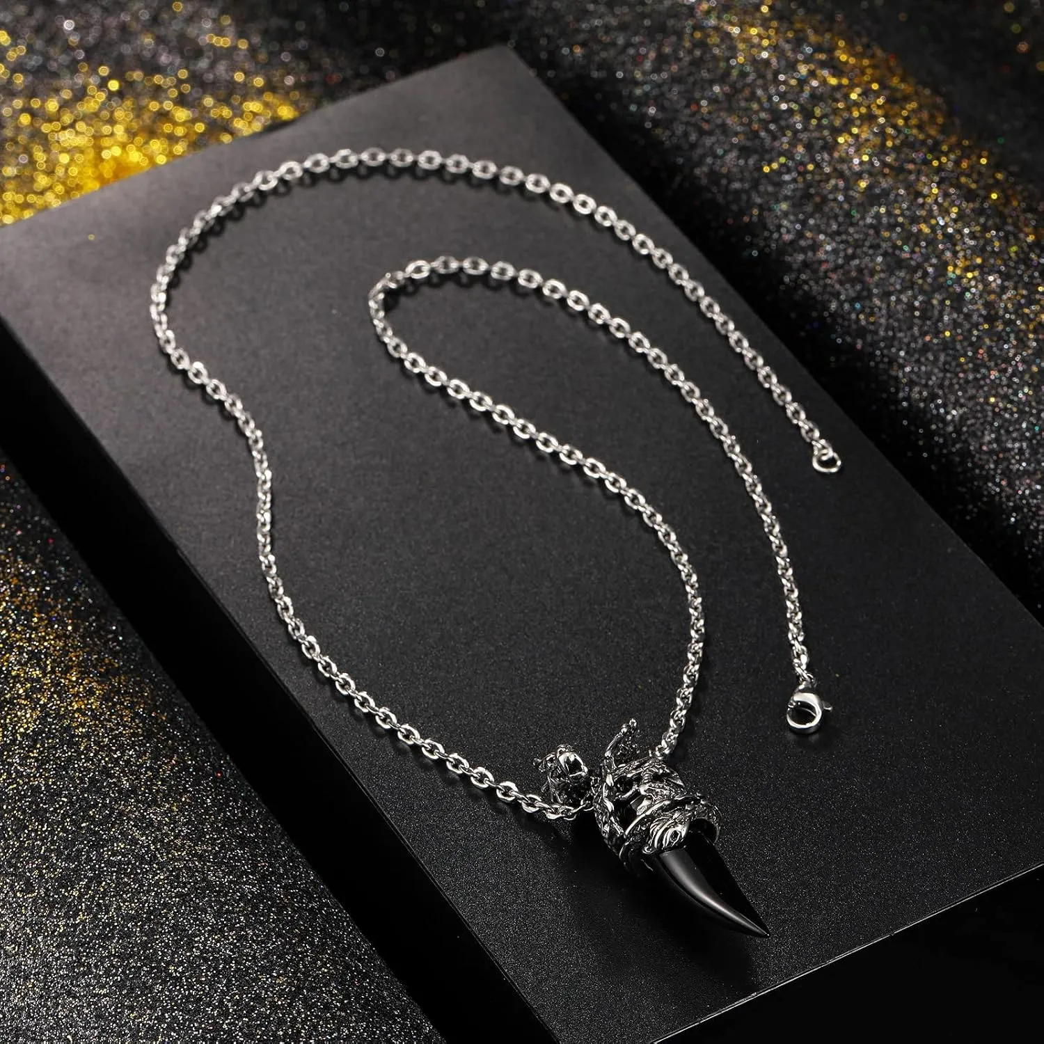 INBLUE Dragon Wolf Tooth Pendant for Men Women Stainless Steel Cool Necklaces Simulate Crystal Gemstone Boyfriend Gifts Jewelry with 23 Inches Chain