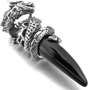 INBLUE Dragon Wolf Tooth Pendant for Men Women Stainless Steel Cool Necklaces Simulate Crystal Gemstone Boyfriend Gifts Jewelry with 23 Inches Chain