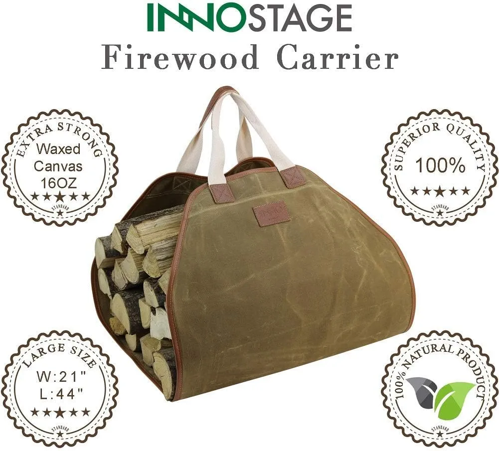INNO STAGE Canvas Log Carrier Bag,Durable Wood Tote,Fireplace Stove Accessories,Extra Large Firewood Holder with Handles for Camping Khaki