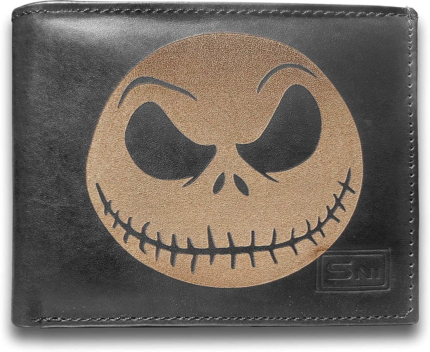 Jack Skellington nightmare before christmas Genuine Cowhide Leather Laser Engraved Engraving Slimfold Men Large Capacity Luxury Wallet Purse Minimalist Sleek Slim Black Card Holder Organizer 14 Pocket