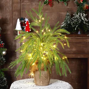 Jenaai 24 Inch Artificial Norfolk Pine Mini Christmas Tree Faux Norfolk Pine Xmas Tree with LED Lights Cloth Bag Base Tabletop Christmas Tree for Christmas Home Kitchen Dining Table Room Decor