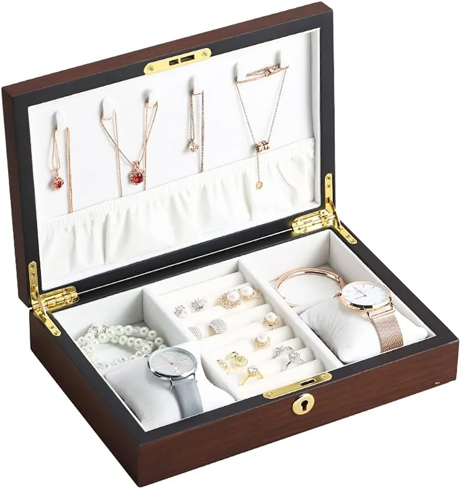 Jewellery Box Large Wood Jewelry Box Wooden Velvet Necklace Ring Earring Watch Organizer Jewellery Storage Case (B)