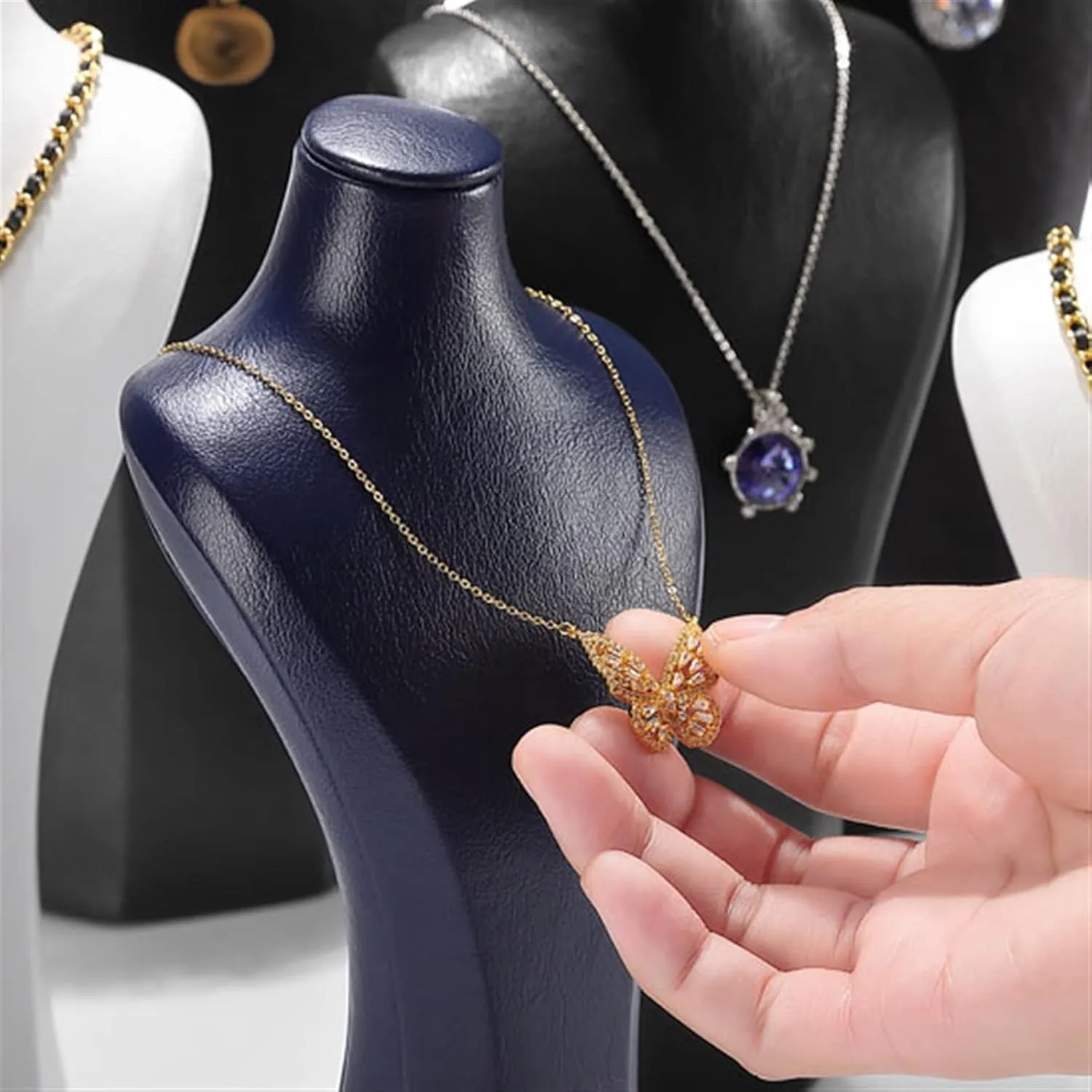 Jewelry Stand Organizer Necklace Chain Jewelry Bust Display Holder Stand, Necklaces Display necklace mannequin, Leatherette Necklace Bust, Blue Jewelry Bust Stand Jewelry Display H
