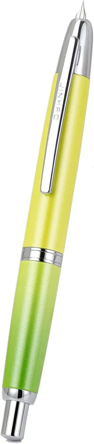 JH10 Press Fountain Pen Fine Nib with Velvet bag, Retractable Blue Metal Ink Pen with Converter Writing (Gradient Green-F nib)