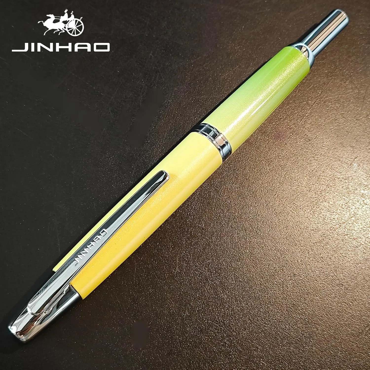 JH10 Press Fountain Pen Fine Nib with Velvet bag, Retractable Blue Metal Ink Pen with Converter Writing (Gradient Green-F nib)