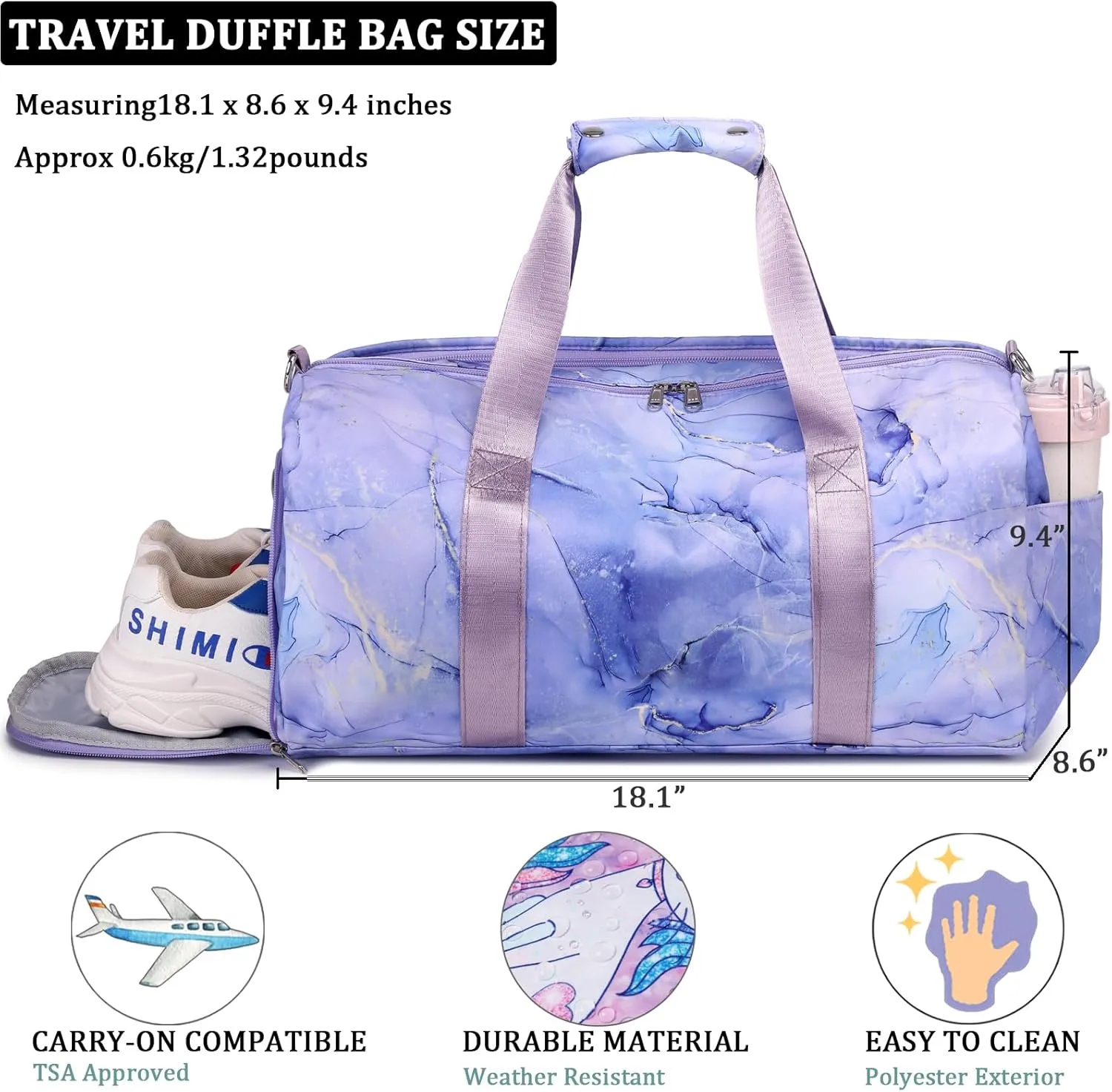 JIANYA Kids Sports Bag Overnight Bag for Girls Womens Small Gym Duffle Bag Teens Gymnastics Bag Sleepover Bag with Shoe Compartment, Marble Purple