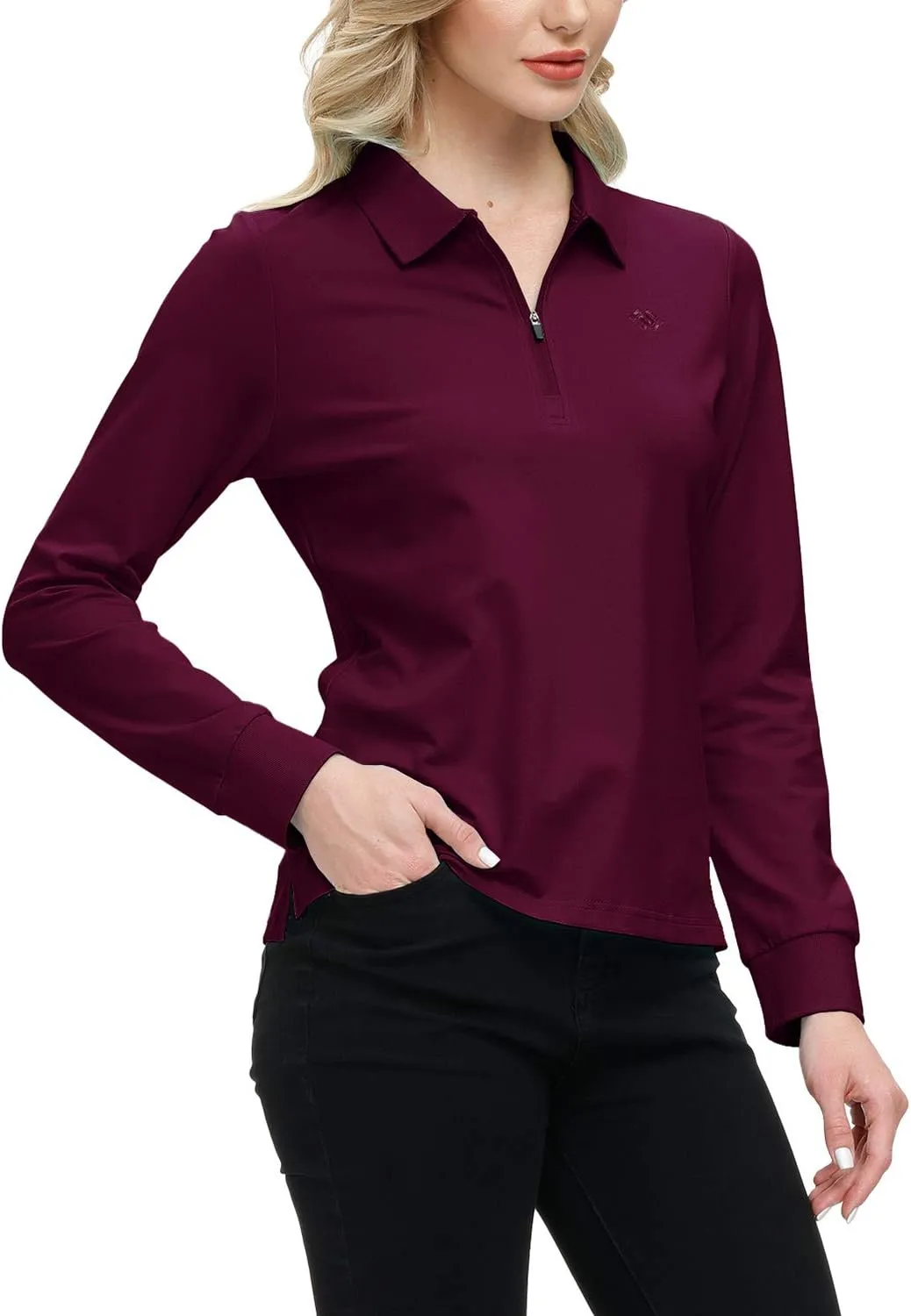 JINSHI Women's Golf Polo Shirt Long Sleeves Zip Up Sport Active Shirts Quick Dry Athletic T-Shirt Casual Tennis Tops Slim Fit