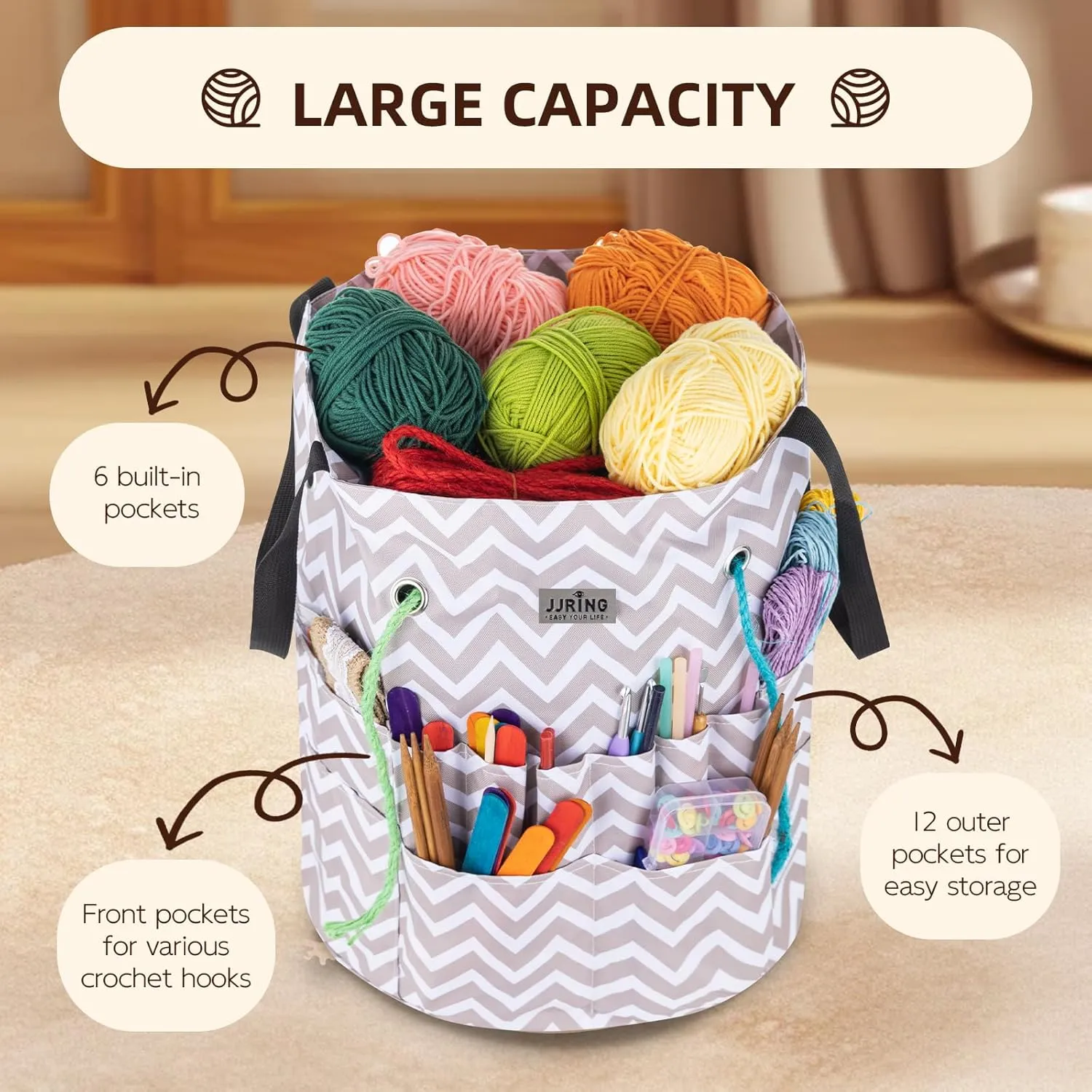 JJRING Crochet Bag, Knitting Bag Yarn Storage with 6 Oversized Grommets, Portable Yarn Organizer for Crochet Accessories and Supplies, Blown