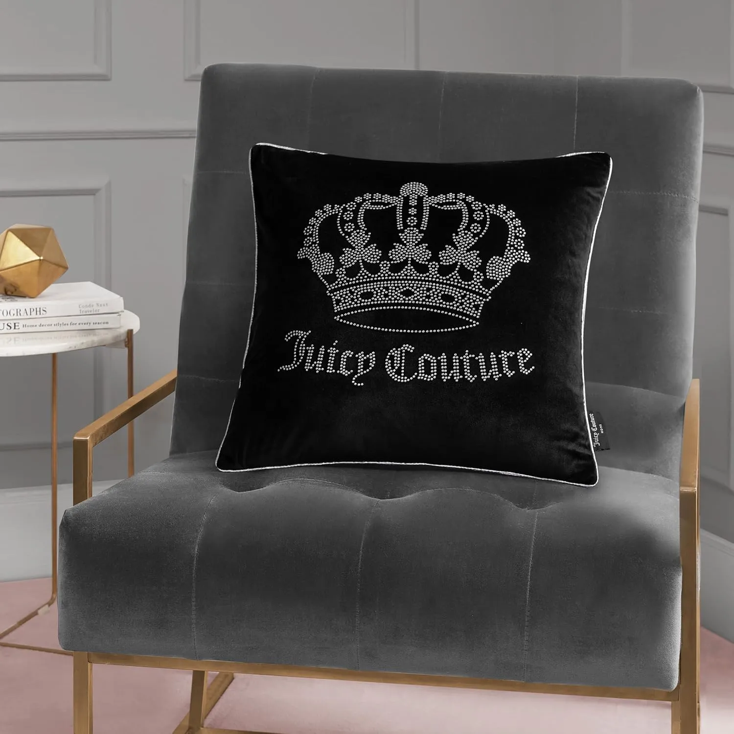 Juicy Couture Square One Piece Living Room and Bedroom Décor, Premium Throw Pillow, 20"x20", Gothic Rhinestone Black