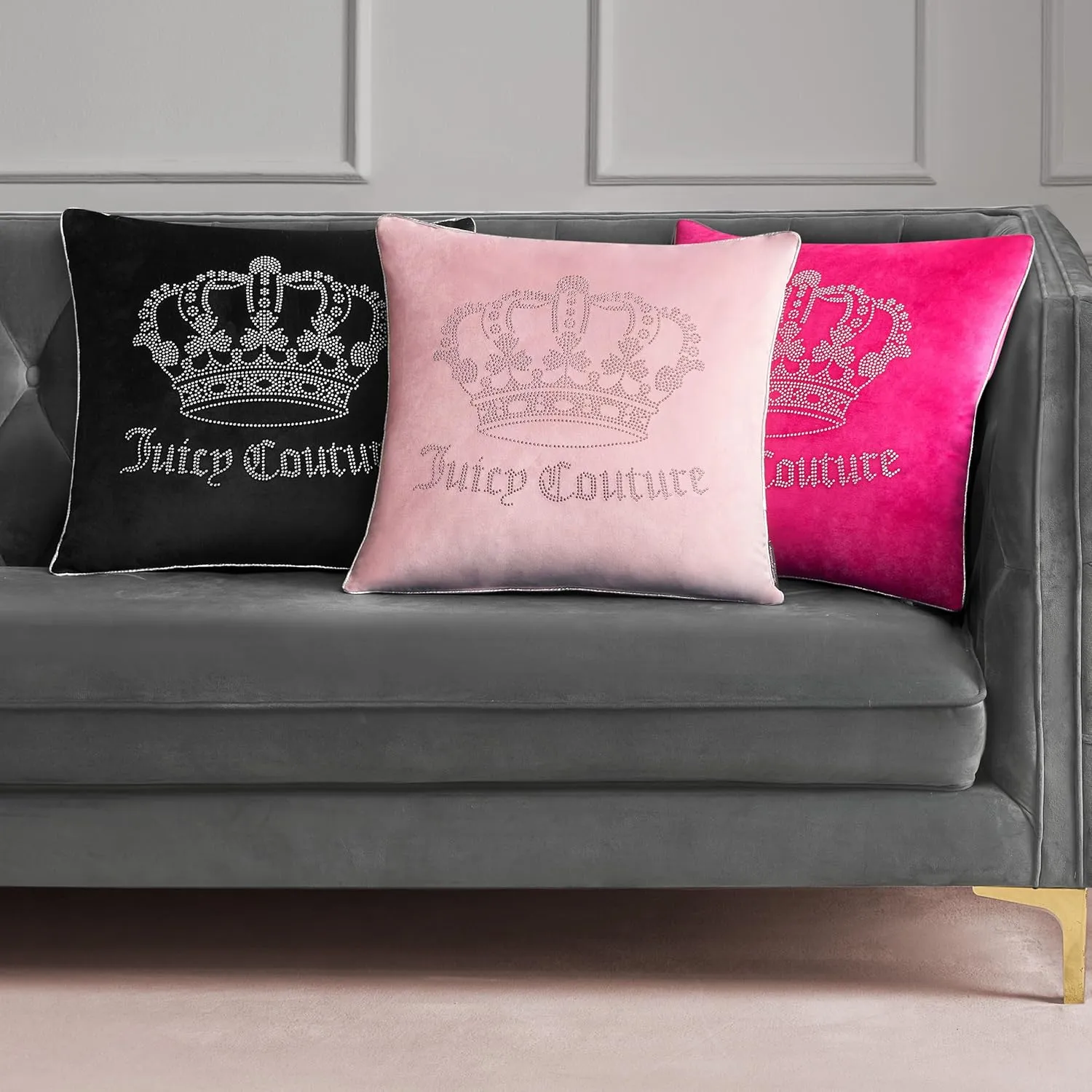 Juicy Couture Square One Piece Living Room and Bedroom Décor, Premium Throw Pillow, 20"x20", Gothic Rhinestone Black