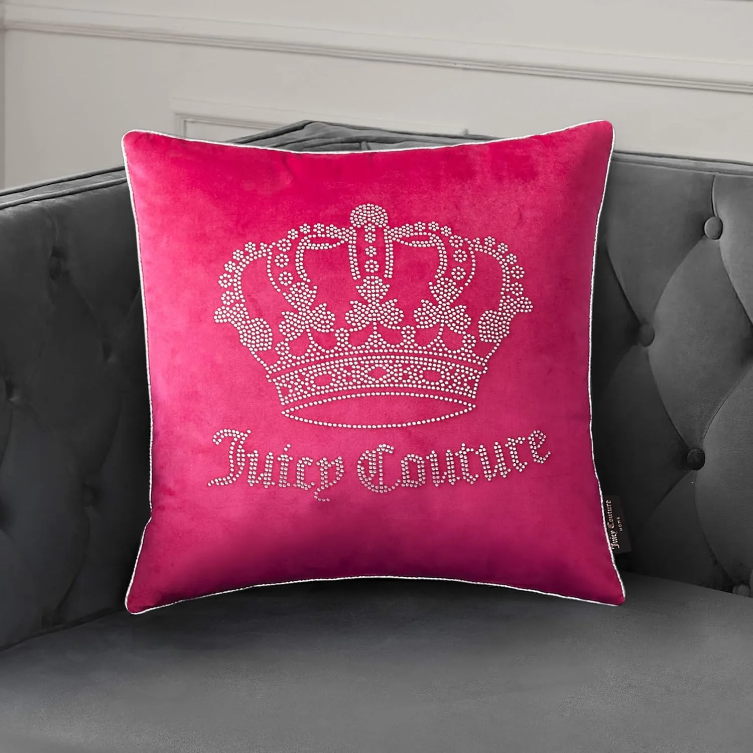 Juicy Couture Square One Piece Living Room and Bedroom Décor, Premium Throw Pillow, 20"x20", Gothic Rhinestone Hot Pink