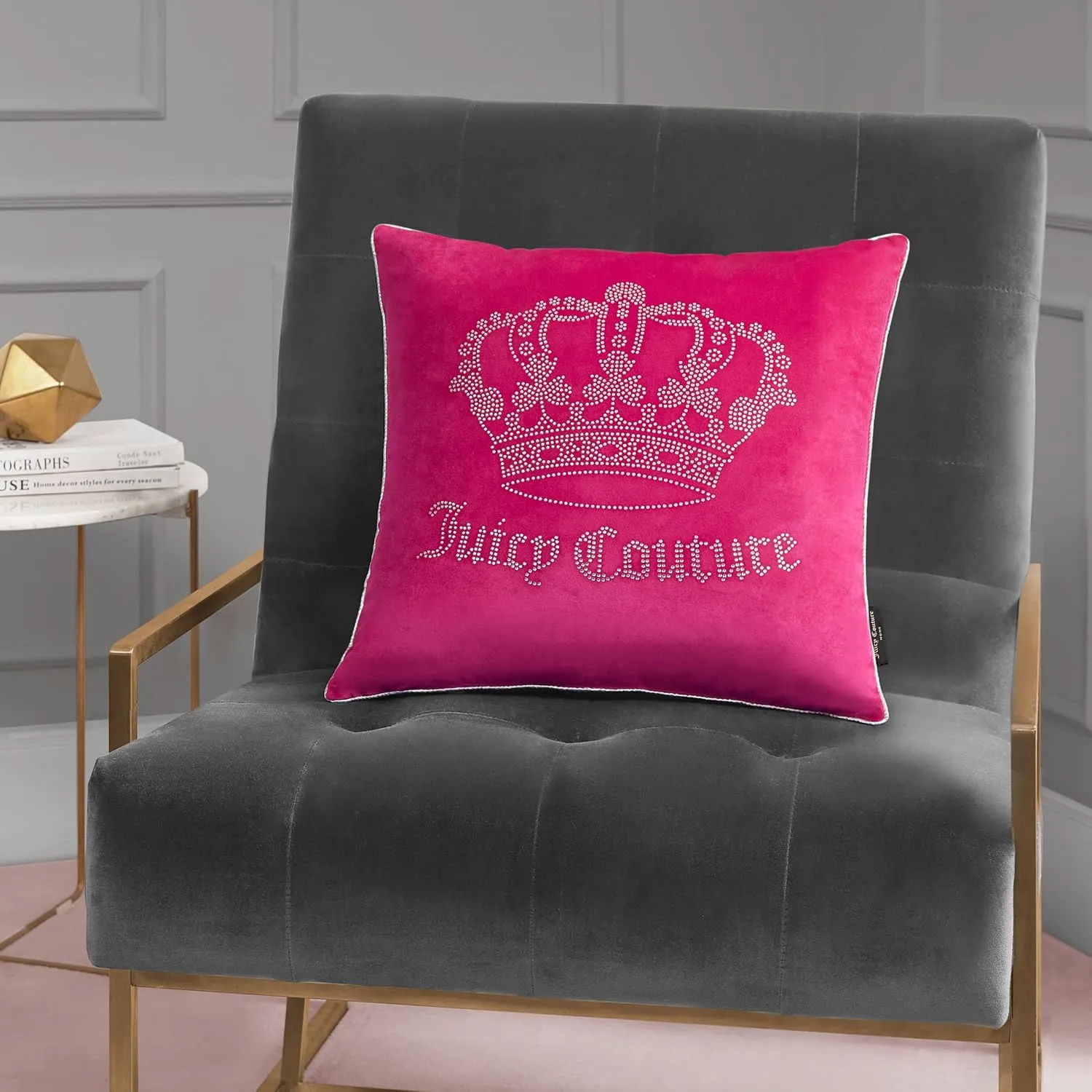 Juicy Couture Square One Piece Living Room and Bedroom Décor, Premium Throw Pillow, 20"x20", Gothic Rhinestone Hot Pink