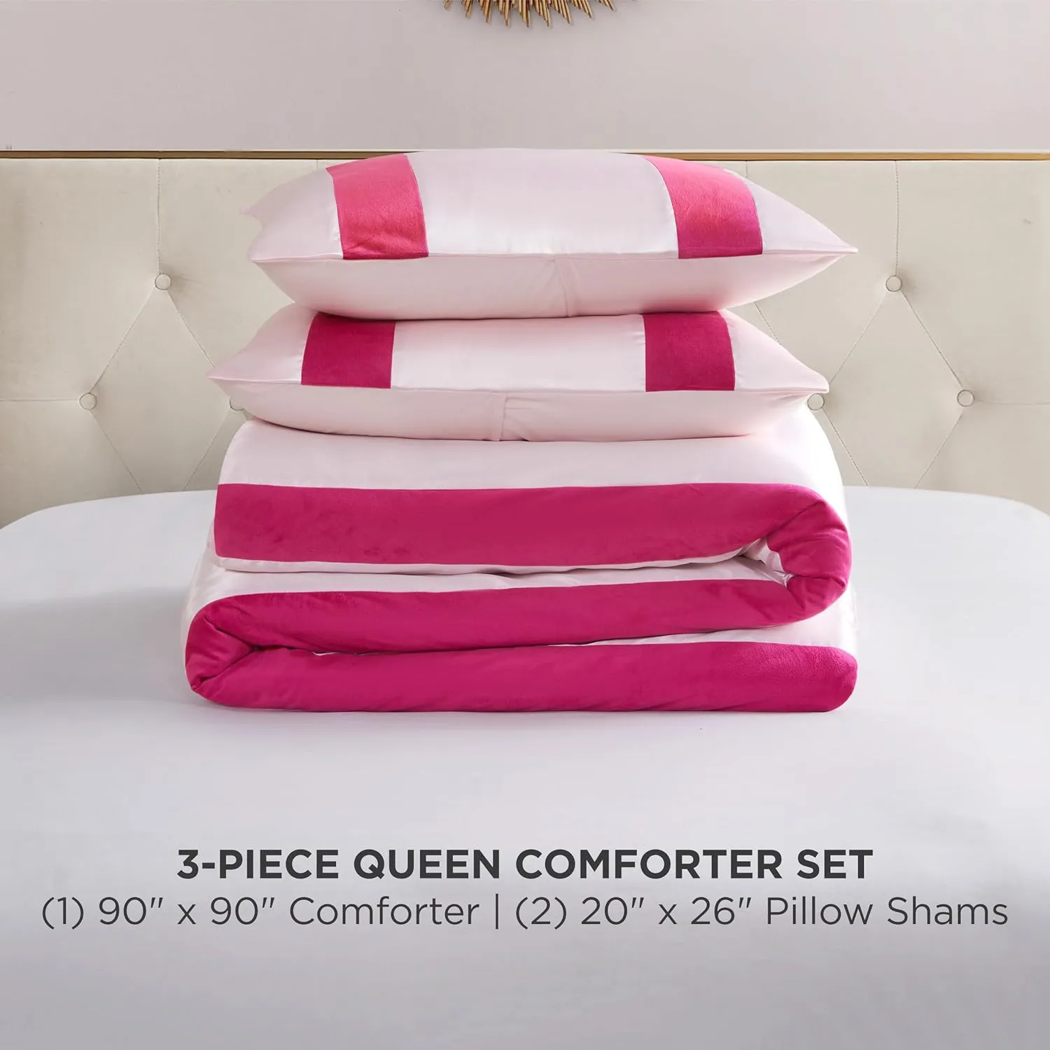 Juicy Couture Velvet Stripe on Satin Pink Full/Queen Comforter Set - 3 Piece Luxury Bedding Ensemble