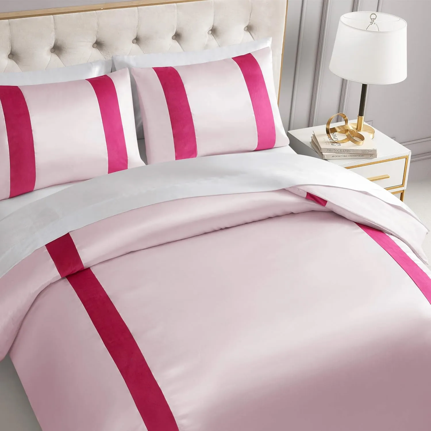 Juicy Couture Velvet Stripe on Satin Pink Full/Queen Comforter Set - 3 Piece Luxury Bedding Ensemble