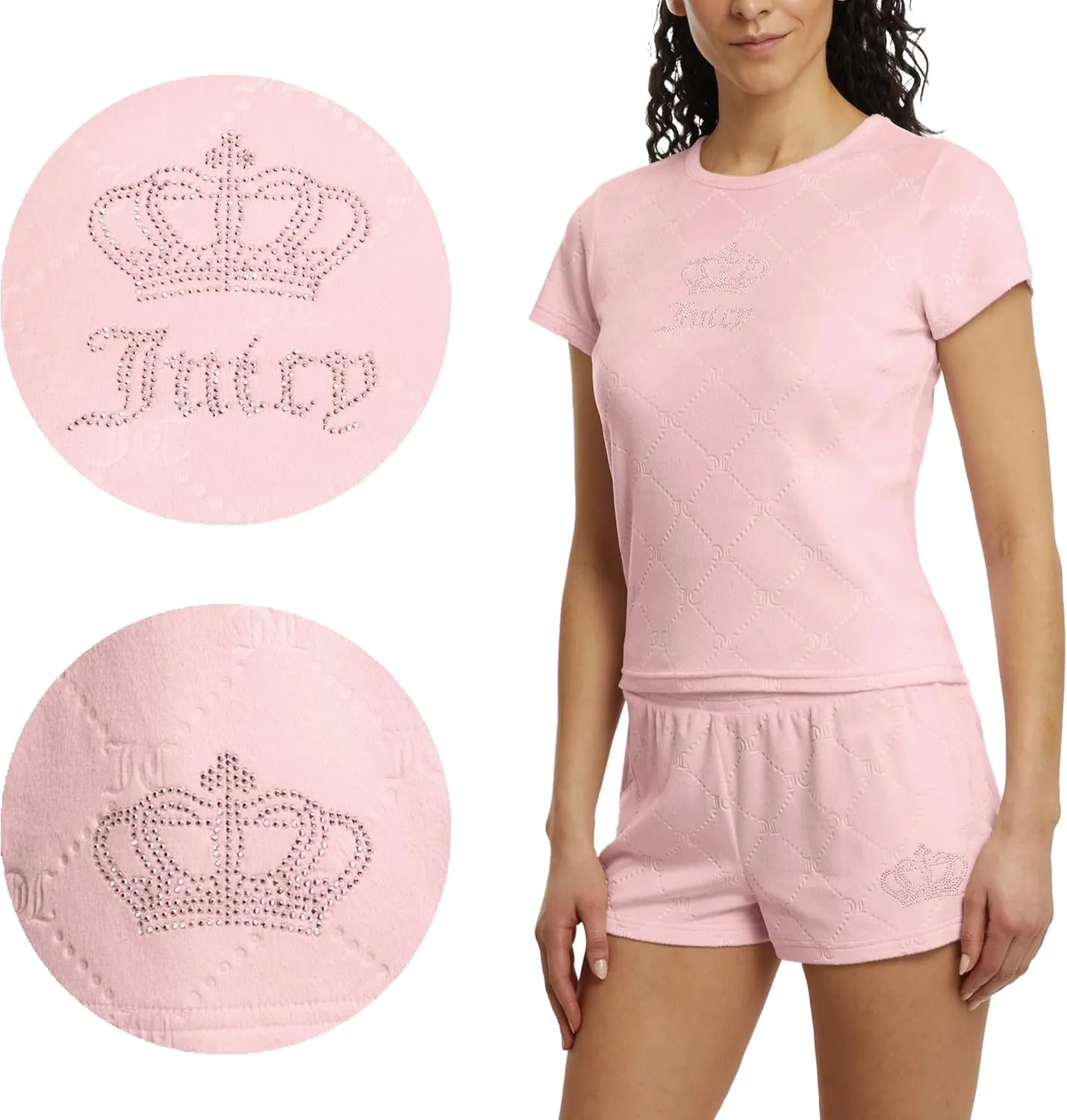 Juicy Couture Women's 2 Piece Velvet Fleece Short Sleeve Shirt and Pajama Shorts Lounge Sleepwear Set