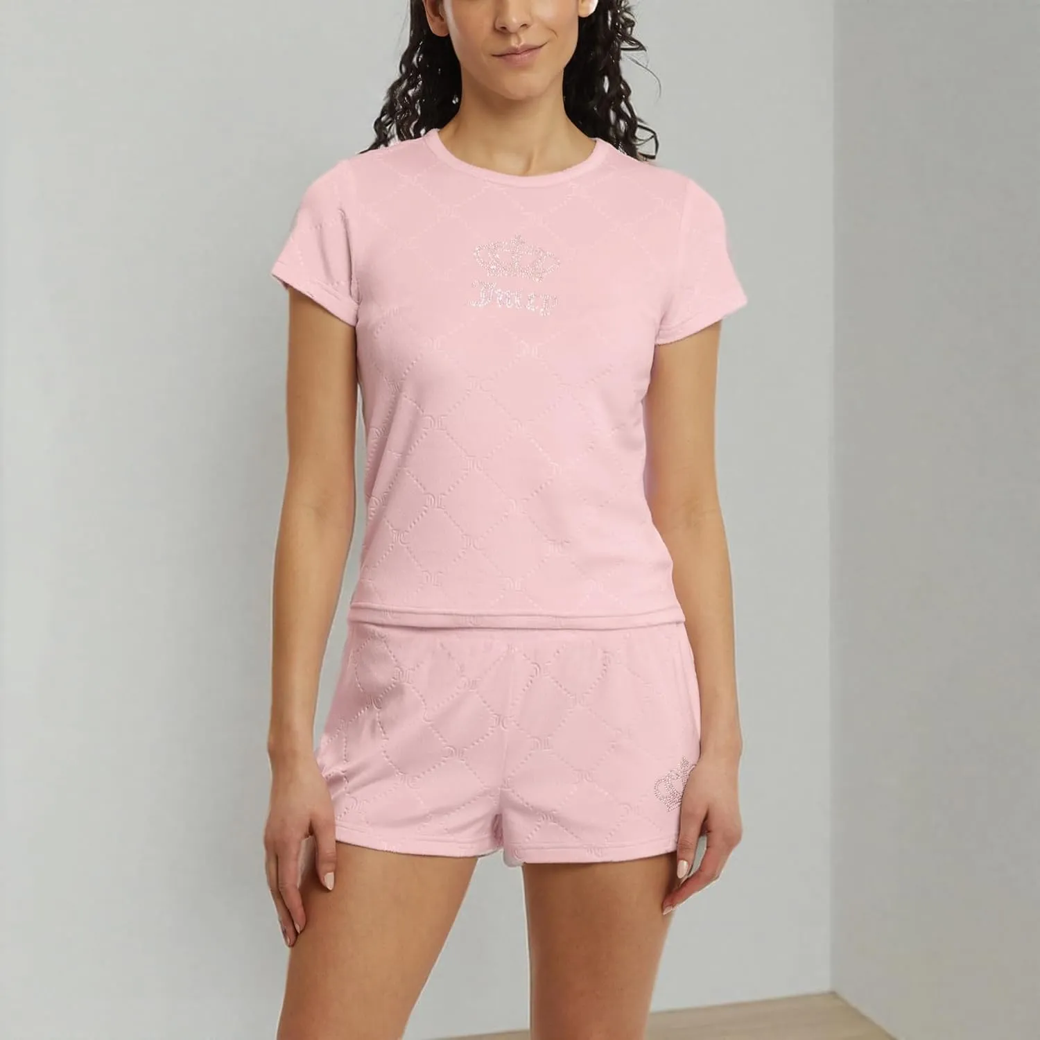 Juicy Couture Women's 2 Piece Velvet Fleece Short Sleeve Shirt and Pajama Shorts Lounge Sleepwear Set