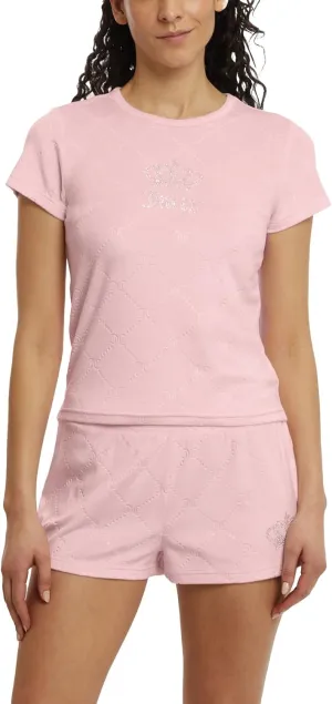 Juicy Couture Women's 2 Piece Velvet Fleece Short Sleeve Shirt and Pajama Shorts Lounge Sleepwear Set