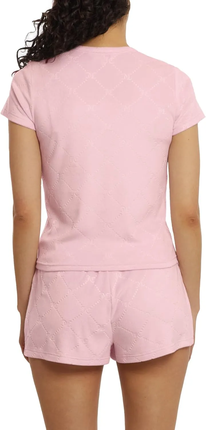 Juicy Couture Women's 2 Piece Velvet Fleece Short Sleeve Shirt and Pajama Shorts Lounge Sleepwear Set