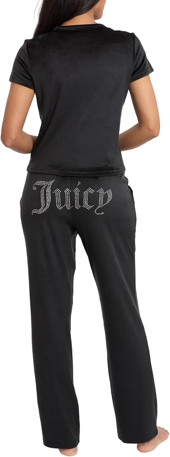 Juicy Couture Women's 2 Piece Velvet Fleece Short Sleeve Shirt and Pants Lounge Sleepwear Set