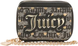 Juicy Couture Women's Square Zip Around Wallet with Wrist Strap (Poker Face Black Beige)