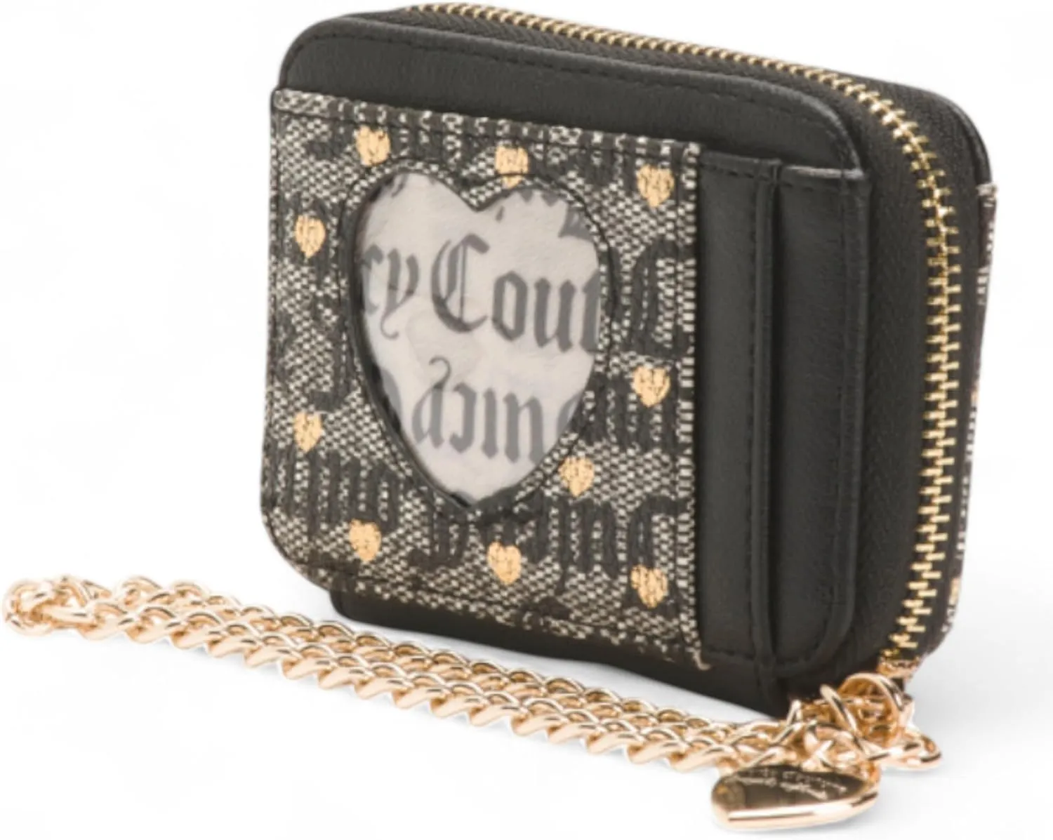 Juicy Couture Women's Square Zip Around Wallet with Wrist Strap (Poker Face Black Beige)