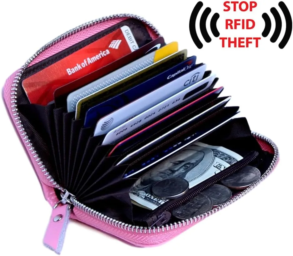KALMORE Women's Leather RFID Zipper Card Wallet Small Purse with Id Window