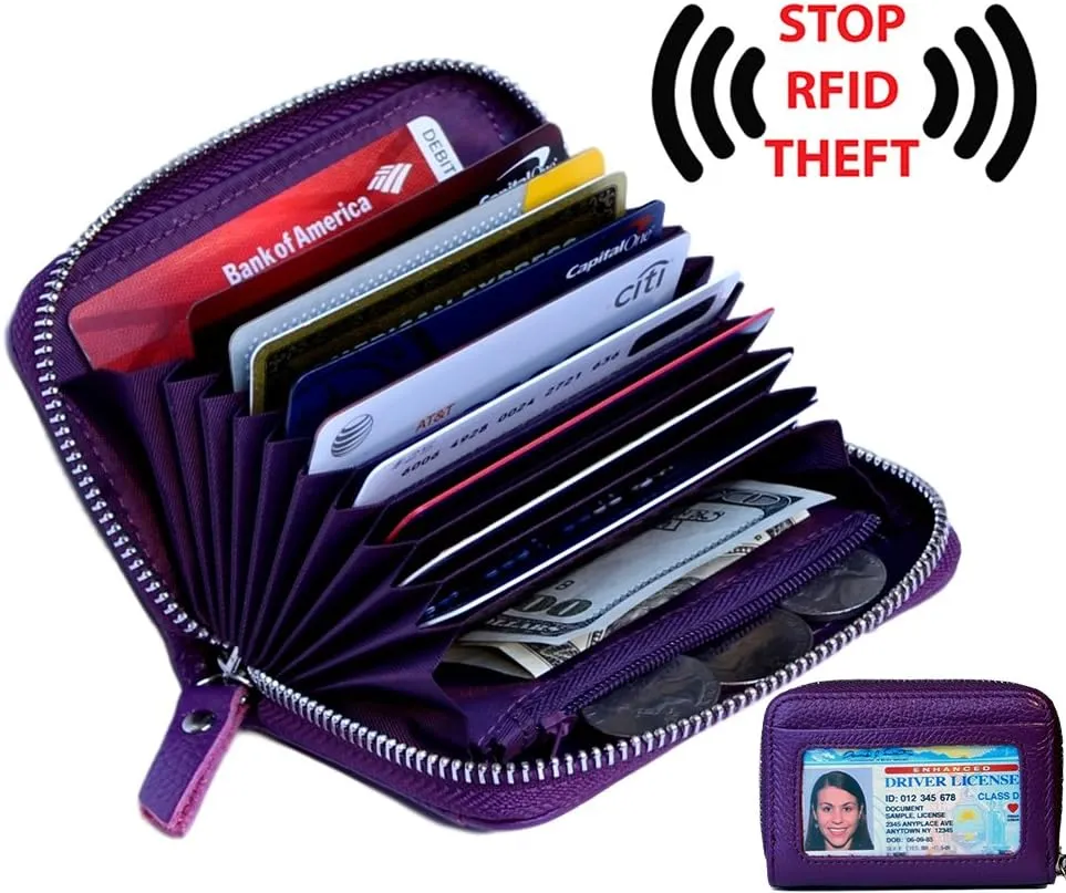 KALMORE Women's Leather RFID Zipper Card Wallet Small Purse with Id Window