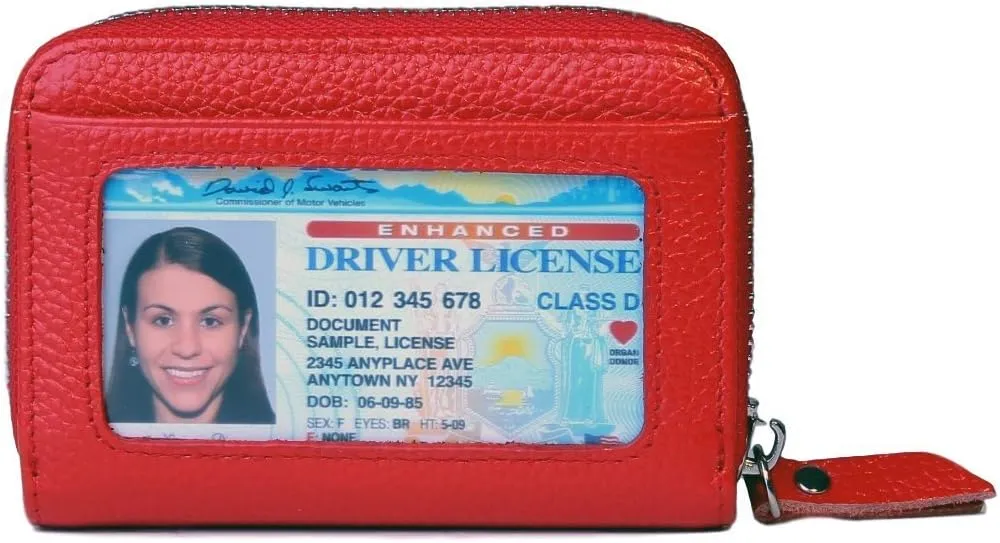 KALMORE Women's Leather RFID Zipper Card Wallet Small Purse with Id Window