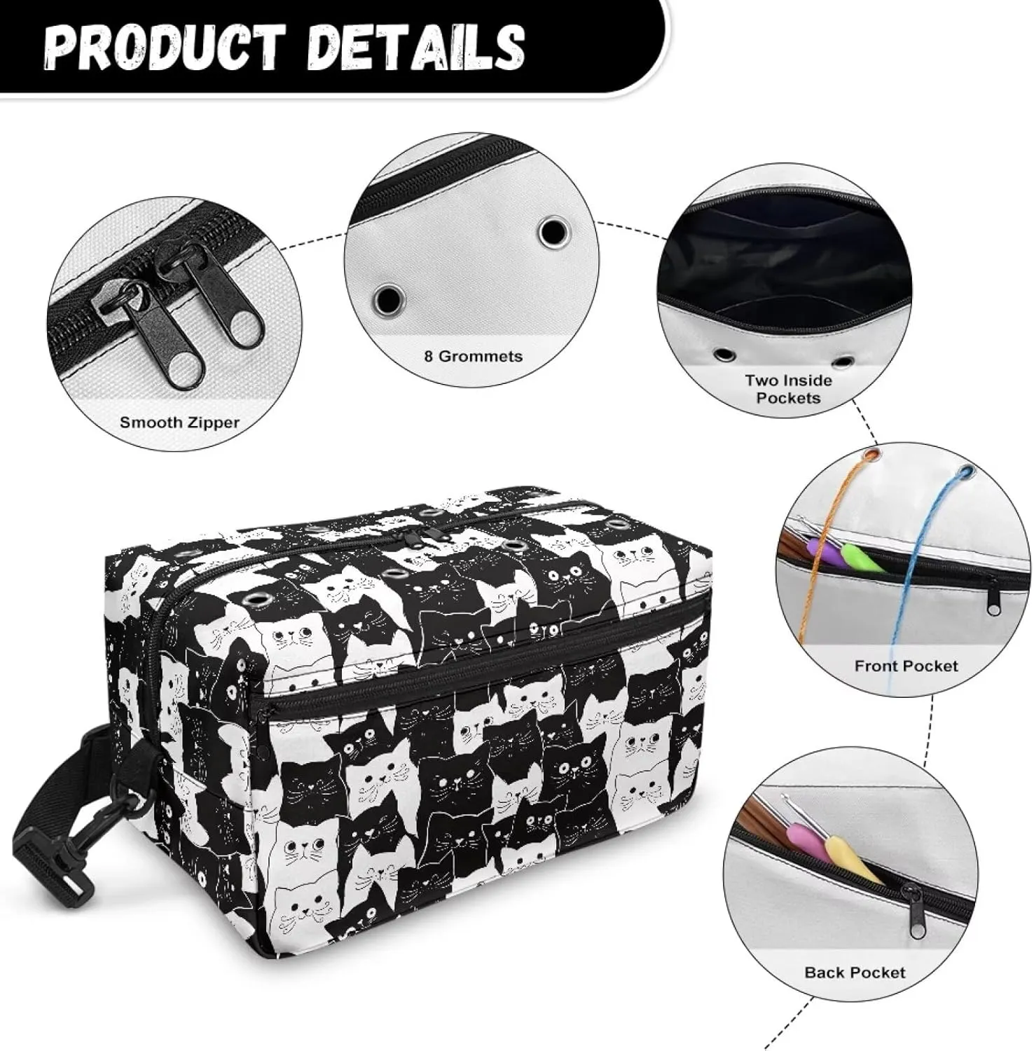 Kathyboom Black Cats Crochet Bag for Yarn Storage, Water Resistant Knitting Bag With Shoulder Straps, Yarn Gift for Mother Wife