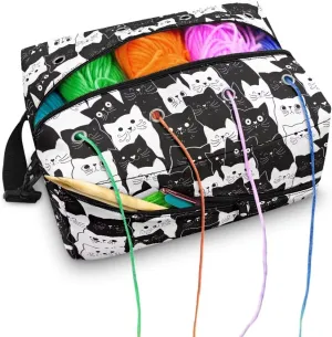 Kathyboom Black Cats Crochet Bag for Yarn Storage, Water Resistant Knitting Bag With Shoulder Straps, Yarn Gift for Mother Wife