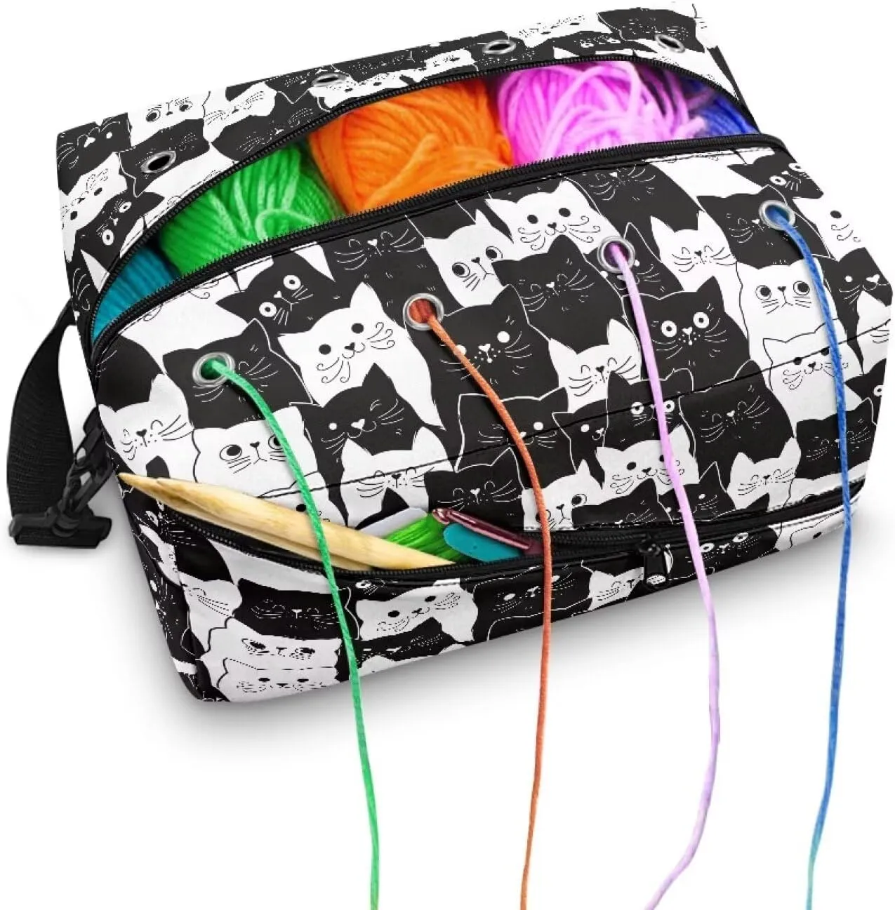 Kathyboom Black Cats Crochet Bag for Yarn Storage, Water Resistant Knitting Bag With Shoulder Straps, Yarn Gift for Mother Wife