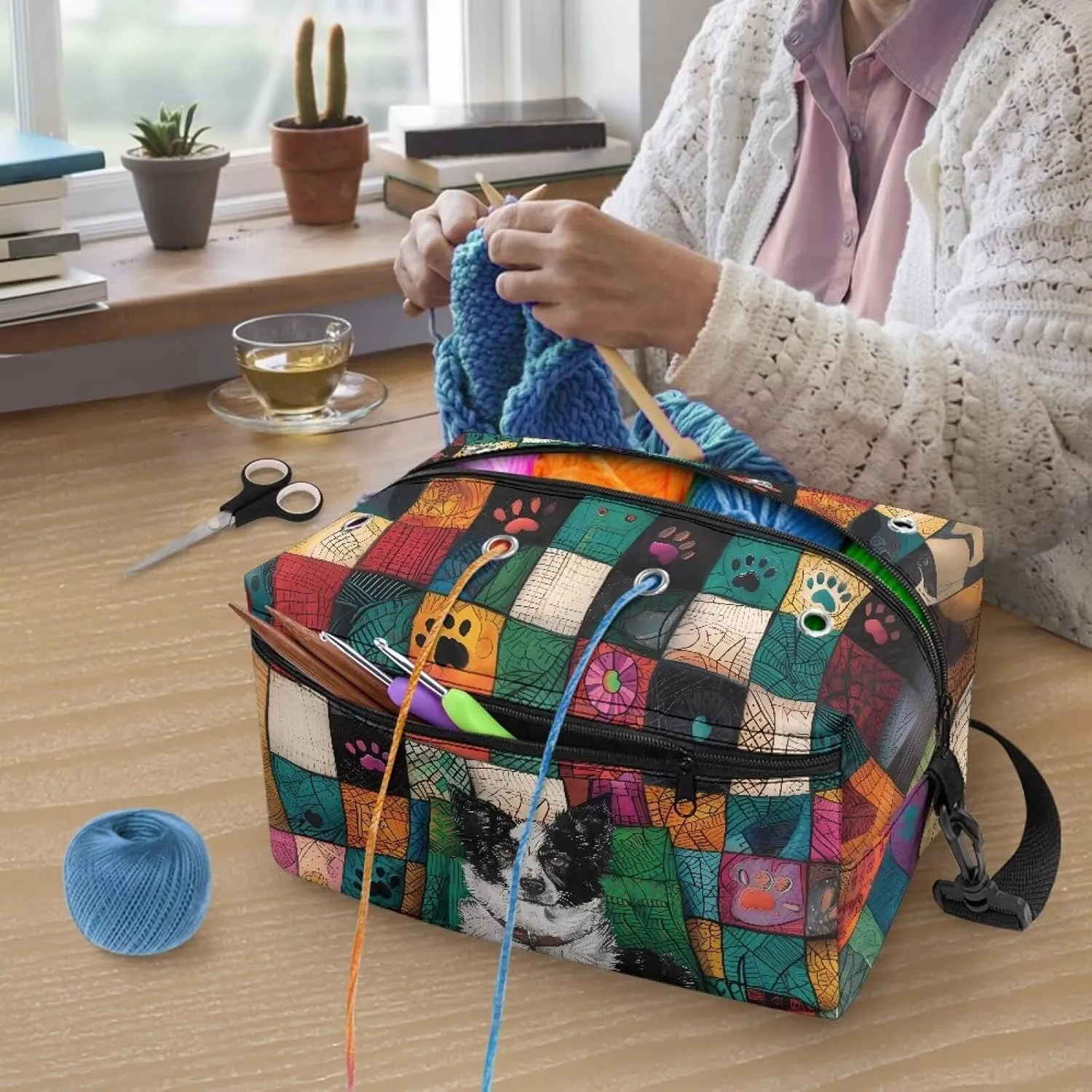 Kathyboom Dog Paw Yarn Bag Crochet Storage Bag with Shoulder Straps, Large Capacity Yarn Bag for Carrying Projects, Kitting Needles, Crochet Hooks and Other Accessories